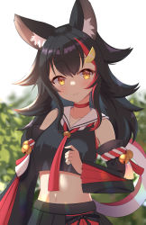Rule 34 | 1girl, animal ear fluff, animal ears, bell, black hair, black skirt, blurry, blurry background, choker, closed mouth, collarbone, commentary, cowboy shot, crop top, day, detached sleeves, hair between eyes, hands up, highres, hololive, kawaiipony2, light blush, long hair, looking at viewer, midriff, multicolored hair, navel, ookami mio, ookami mio (1st costume), open collar, outdoors, pleated skirt, red choker, red hair, sailor collar, sidelocks, skirt, sleeveless, smile, solo, standing, streaked hair, sunlight, tree, virtual youtuber, yellow eyes