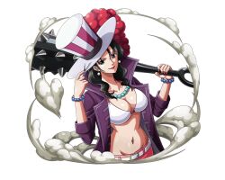 Rule 34 | 1girl, alvida (one piece), black hair, blue eyes, bra, bracelet, breasts, cleavage, earrings, hat, holding, holding weapon, jacket, jewelry, large breasts, looking at viewer, mace, necklace, official art, one piece, one piece treasure cruise, open clothes, open jacket, purple jacket, spiked mace, spikes, top hat, underwear, weapon, white bra