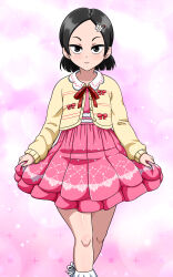 Rule 34 | 1girl, absurdres, aged down, black hair, blush, cardigan, collared shirt, curtsey, feet out of frame, hair ornament, hairclip, highres, jacket, one-punch man, pink background, pink skirt, pleated skirt, shirt, shoes, short hair, simple background, skirt, skirt hold, sleeves past wrists, solo focus, yensh, zenko (one-punch man)