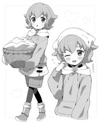 Rule 34 | 1girl, basket, blush, boots, border, character request, copyright request, fingernails, flying sweatdrops, fur-trimmed boots, fur-trimmed footwear, fur trim, greyscale, hatching (texture), heart, highres, holding, holding basket, hood, hood down, hoodie, looking at viewer, monochrome, moyori, multiple views, one eye closed, open mouth, pantyhose, short hair, shorts, skirt, sleeves past wrists, sweat, sweatdrop, tongue, triangle mouth, walking