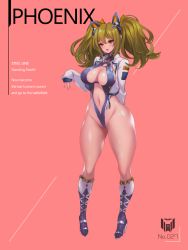 Rule 34 | 1girl, blush, boots, breasts, cleavage, english text, full body, green eyes, green hair, gs-130 phoenix, high heel boots, high heels, highleg, highres, jacket, jacket over swimsuit, large breasts, last origin, lips, navel, official alternate costume, sleeves past wrists, smile, solo, swimsuit, thighs, toriseru (rare stone), twintails