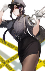 Rule 34 | 1girl, absurdres, belt, black hair, blurry, breast pocket, breasts, cuffs, gloves, gradient hair, grey hair, hair over one eye, handcuff dangle, handcuffs, hat, highres, holding, holding handcuffs, large breasts, long hair, looking at viewer, multicolored hair, necktie, nekotokage, nijisanji, open mouth, orange eyes, pantyhose, pencil skirt, pocket, police, police hat, police uniform, policeman, policewoman, shirayuki tomoe, shirt, skirt, solo, uniform, virtual youtuber