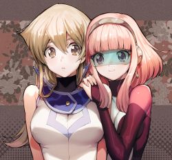Rule 34 | 2girls, aoki (fumomo), blonde hair, bodysuit, breasts, cyber tutu, duel academy uniform (yu-gi-oh! gx), duel monster, floral background, hair between eyes, hairband, hand on another&#039;s shoulder, large breasts, long hair, multiple girls, open mouth, pink bodysuit, pink eyes, pink hair, short hair, sleeveless, smile, tenjouin asuka, yellow eyes, yu-gi-oh!, yu-gi-oh! gx