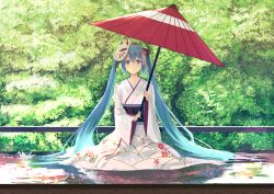 Rule 34 | 1girl, absurdres, aqua hair, bad id, bad pixiv id, blue eyes, blush, closed mouth, collarbone, day, floral print, flower, fox mask, full body, hair between eyes, hair flower, hair ornament, hatsune miku, highres, holding, holding umbrella, huge filesize, japanese clothes, kimono, long hair, long sleeves, looking at viewer, mask, mask on head, nishin (nsn 0822), obi, oil-paper umbrella, origami, outdoors, paper crane, red umbrella, sash, sidelocks, sitting, smile, solo, tree, twintails, umbrella, very long hair, vocaloid, water drop, white kimono, wide sleeves