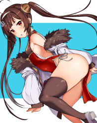 Rule 34 | 1girl, ahoge, anchor hair ornament, arched back, ass, azur lane, black thighhighs, blush, breasts, brown eyes, dress, dutch angle, fur trim, hai ookami, hair ornament, hairband, highres, jacket, long hair, long sleeves, looking at viewer, off shoulder, open clothes, open jacket, open mouth, panties, pelvic curtain, ping hai (azur lane), red dress, red eyes, side-tie panties, side slit, sideboob, simple background, single thighhigh, small breasts, solo, string panties, thighhighs, twintails, underwear, very long hair