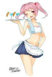 Rule 34 | 10s, 1girl, apron, bikini, bikini top only, blue skirt, crossed legs, drink, food, frilled apron, frilled bikini, frilled top, frills, fruit, hair bobbles, hair ornament, hand on own hip, kantai collection, looking at viewer, navel, one eye closed, open mouth, orange (fruit), orange slice, pink hair, pleated skirt, red eyes, sazanami (kancolle), sazanami kai (kancolle), short hair, simple background, skirt, smile, solo, standing, swimsuit, tray, twintails, twitter username, watson cross, white apron, white background, yamashichi (mtseven)