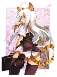 Rule 34 | 1girl, absurdres, ahoge, animal ears, bag, black thighhighs, bread slice, briefcase, cat ears, cat tail, cherry blossoms, food, food in mouth, from behind, highres, leg up, long hair, looking back, mouth hold, original, petals, purple eyes, scan, school bag, school briefcase, school uniform, shibano kaito, skirt, solo, tail, thighhighs, tiger ears, tiger tail, toast, toast in mouth, white hair