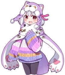Rule 34 | 1girl, animal costume, animal feet, animal hands, badge, blush, braid, breasts, fate/grand order, fate (series), gloves, grey pants, hair ribbon, kama (dream portrait) (fate), kama (fate), long sleeves, looking at viewer, multicolored clothes, multicolored sweater, murasaki yuna, open mouth, pants, paw gloves, paw shoes, purple scarf, rabiiandrain, red eyes, ribbon, scarf, short hair, small breasts, smile, solo, sweater, twin braids, white hair