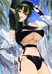 1girl absurdres adjusting_clothes adjusting_headwear arknights bikini black_bikini blue_sky blurry bokeh breasts commentary_request day depth_of_field gavial_(arknights) green_hair hand_on_own_hip highres kajuu long_sleeves navel off_shoulder open_clothes open_shirt palm_leaf palm_tree pointy_ears shirt sky stomach strap swimsuit tree underboob upper_body visor_cap white_shirt yellow_eyes