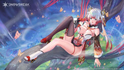 1girl armpit_crease armpits bare_hips bare_shoulders blunt_bangs bridal_gauntlets bubu_(snowbreak) china_dress chinese_clothes copyright_name detached_sleeves dress full_body gradient_hair grey_eyes groin hair_ornament high_heels highres multicolored_hair official_art orange_hair pelvic_curtain single_bridal_gauntlet single_thighhigh snowbreak:_containment_zone solo thighhighs two-tone_hair white_hair