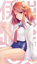 1girl absurdres ahoge alternate_hair_length alternate_hairstyle blush hair_ornament highres i-58_(kancolle) jacket kantai_collection medium_hair military_uniform naval_uniform one-piece_swimsuit one_eye_closed pink_hair red_eyes sailor_collar school_swimsuit school_uniform seiya_(iiseven) serafuku smile solo swimsuit swimsuit_under_clothes white_jacket