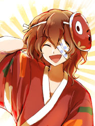 Rule 34 | 1other, ametsukana yago, androgynous, arm behind head, bandage over one eye, brown hair, closed eyes, commentary request, hemo (hemoroda), japanese clothes, kimono, len&#039;en, long hair, mask, mask on head, open mouth, red kimono, simple background, smile, upper body
