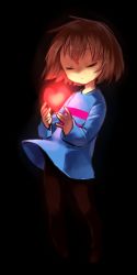 Rule 34 | androgynous, black background, brown hair, closed eyes, frisk (undertale), full body, gender request, glowing, heart, mikan (ama no hakoniwa), pantyhose, shirt, simple background, solo, striped clothes, striped shirt, undertale