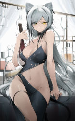 Rule 34 | 1girl, animal ears, arknights, black choker, black dress, bottle, breasts, cat ears, cat tail, choker, dress, earclip, eyyy, grey hair, groin, highres, holding, holding bottle, large breasts, long hair, looking at viewer, midriff, navel, no panties, schwarz (arknights), solo, tail, thigh strap, yellow eyes