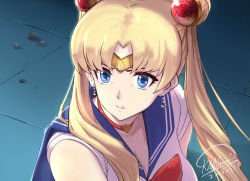 Rule 34 | 1girl, bishoujo senshi sailor moon, bishoujo senshi sailor moon s, blonde hair, blouse, blue background, blue eyes, blue sailor collar, bow, breasts, choker, circlet, cleavage, clenched teeth, commentary request, crescent, crescent earrings, dated, derivative work, earrings, from side, hair bobbles, hair ornament, heart, heart choker, highres, jewelry, large breasts, long hair, meme, mixed-language commentary, parted bangs, parted lips, red bow, red choker, sailor collar, sailor moon, sailor moon redraw challenge (meme), screenshot redraw, shirt, short sleeves, shou mai, signature, solo, teeth, tile floor, tiles, tsukino usagi, twintails, upper body, white shirt