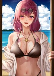 Rule 34 | 1girl, absurdres, armpit crease, bikini, black bikini, blue sky, blush, breasts, cleavage, cloud, cloudy sky, commentary, english commentary, eyewear on head, highres, honkai: star rail, honkai (series), jewelry, kafka (honkai: star rail), large breasts, long hair, looking at viewer, navel, necklace, ocean, open clothes, open shirt, purple hair, rayleigh scale, round eyewear, shirt, sidelocks, single bare shoulder, sky, smile, solo, stomach, sunglasses, swimsuit, twitter username, upper body, wet, white shirt