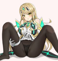 Rule 34 | 1girl, bad id, bad pixiv id, bare shoulders, black panties, black pantyhose, blonde hair, blush, breasts, cameltoe, covered navel, crossover, dress, earrings, elbow gloves, gem, gloves, gold trim, hair ornament, headpiece, jewelry, large breasts, long hair, looking at viewer, mythra (massive melee) (xenoblade), mythra (xenoblade), nemunemu semi, neon trim, nintendo, open mouth, panties, panties under pantyhose, pantyhose, shy, simple background, skin tight, solo, spirit (super smash bros.), super smash bros., swept bangs, thigh strap, tiara, underwear, very long hair, white dress, xenoblade chronicles (series), xenoblade chronicles 2, yellow eyes