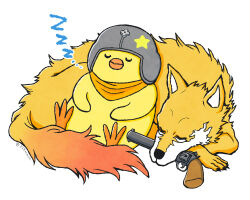 Rule 34 | 328mmch, ace combat, ace combat 7, animal, animalization, bird, chick, closed eyes, commentary, fox, fox tail, gun, handgun, helmet, lying, mouth hold, no humans, nugget (ace combat), orange scarf, pilot helmet, resting, revolver, scarf, sleeping, tail, trigger (ace combat), weapon
