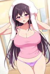 Rule 34 | 1girl, :d, aikome (haikome), bath, black hair, blurry, blurry background, blush, bow, bow panties, breasts, cameltoe, camisole, cleavage, collarbone, colored eyelashes, commentary request, covered erect nipples, cowboy shot, crossed bangs, drying, drying hair, dutch angle, earrings, highres, jewelry, large breasts, long hair, looking at viewer, midriff peek, open mouth, original, panties, purple eyes, purple panties, shirt, smile, solo, steaming body, stud earrings, thigh gap, thighs, towel, towel on head, underwear, very long hair, wet, wooden floor