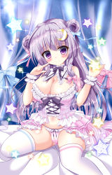 Rule 34 | 1girl, alternate costume, alternate hairstyle, babydoll, blush, breasts, cameltoe, cleavage, crescent, crescent hair ornament, curtains, detached collar, detached sleeves, double bun, hair bun, hair ornament, large breasts, long hair, looking at viewer, midriff, navel, panties, patchouli knowledge, puffy sleeves, purple eyes, purple hair, see-through, short sleeves, sitting, smile, solo, star (symbol), tenshi china, thighhighs, touhou, underwear, white thighhighs, wrist cuffs