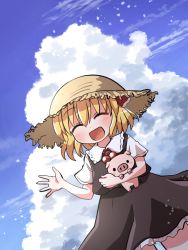 Rule 34 | 1girl, :d, ^ ^, black skirt, black vest, blonde hair, blue sky, brown headwear, closed eyes, cloud, cowboy shot, dutch angle, closed eyes, facing viewer, hat, highres, light particles, open mouth, outdoors, pig, rokugou daisuke, rumia, shirt, short hair, short sleeves, skirt, sky, smile, standing, straw hat, touhou, touhou cannonball, vest, white shirt