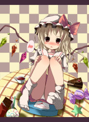 Rule 34 | 1girl, :o, blonde hair, blush, bow, cake, cake slice, candy, checkered background, chocolate, female focus, flandre scarlet, food, hat, hat bow, highres, kazura, letter, lollipop, looking at viewer, panties, pantyshot, red eyes, revision, scales, sitting, skirt, socks, solo, speech bubble, spoken blush, star (symbol), swirl lollipop, table, touhou, underwear, upskirt, white panties, wings