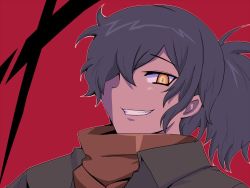 Rule 34 | 1boy, black hair, commentary request, fate/grand order, fate (series), grin, hair over one eye, looking at viewer, male focus, messy hair, okada izou (fate), ponytail, red background, sako (bosscoffee), scarf, shadow, short ponytail, smile, solo, upper body, yellow eyes