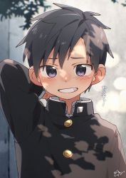 Rule 34 | 1boy, arm behind head, arm up, black hair, black jacket, blush, commentary, highres, jacket, long sleeves, looking at viewer, male focus, original, outdoors, purple eyes, school uniform, short hair, signature, smile, solo, symbol-only commentary, teeth, translation request, upper body, wool bl