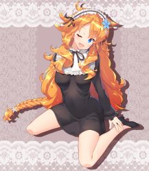 Rule 34 | 1girl, alternate costume, bare legs, black dress, black footwear, black ribbon, blue eyes, braid, breasts, collar, commentary, covered navel, dress, flower, frilled collar, frills, full body, hair flower, hair ornament, hair ribbon, head tilt, highres, hoppege, lace background, long hair, looking at viewer, maid headdress, medium breasts, neck ribbon, nijisanji, one eye closed, open mouth, orange hair, otogibara era, parted bangs, patterned background, ribbon, ribs, shadow, shoes, sitting, smile, solo, spread legs, thighs, virtual youtuber, wariza, wavy hair