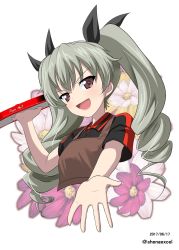 Rule 34 | 10s, 1girl, :d, alternate costume, anchovy (girls und panzer), apron, black ribbon, brown apron, commentary request, cropped torso, dated, drill hair, employee uniform, food, girls und panzer, green hair, hair ribbon, highres, holding, holding food, long hair, looking at viewer, one-hour drawing challenge, open mouth, pizza box, pizza hut, reaching, reaching towards viewer, red eyes, ribbon, shiina excel, smile, solo, standing, twin drills, twintails, twitter username, uniform, upper body