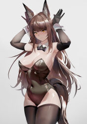 Rule 34 | 1girl, alternate costume, animal ear fluff, animal ears, arknights, black bow, black bowtie, black gloves, black leotard, black thighhighs, bow, bowtie, breasts, brown hair, cleavage, closed mouth, commentary, covered navel, detached collar, elbow gloves, english commentary, franka (arknights), gloves, grey background, hand up, highres, krirk, leotard, long hair, looking at viewer, medium breasts, playboy bunny, simple background, solo, tail, thighhighs, thighs, yellow eyes