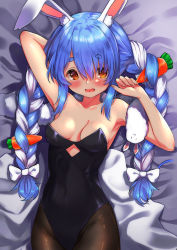 Rule 34 | 1girl, absurdres, arm behind back, arm up, bare arms, bare shoulders, bed sheet, black leotard, blue hair, blush, bow, braid, breasts, brown eyes, brown pantyhose, carrot hair ornament, collarbone, cowboy shot, don-chan (usada pekora), food-themed hair ornament, hair between eyes, hair bow, hair ornament, highres, hololive, kutar22, leotard, looking at viewer, lying, medium breasts, multicolored hair, on back, open mouth, pantyhose, short eyebrows, strapless, strapless leotard, thick eyebrows, twin braids, twintails, two-tone hair, usada pekora, usada pekora (1st costume), virtual youtuber, wavy mouth, white bow, white hair