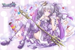 Rule 34 | 1girl, akino coto, bow, cake, candy, choker, cookie, crown, demon wings, dress, food, fork, frills, full body, grey hair, hair bow, heart, heart in eye, highres, ice cream, ice cream cone, lollipop, long hair, looking at viewer, macaron, mini crown, original, plate, pointy ears, princess, purple bow, purple dress, purple eyes, purple footwear, purple theme, quadruple scoop, shoes, sidelocks, solo, strappy heels, strawberry shortcake, striped bow, striped clothes, striped thighhighs, swirl lollipop, symbol in eye, thighhighs, twintails, wings, zettai ryouiki