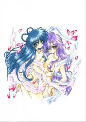 Rule 34 | 1990s (style), 2girls, ass, asymmetrical docking, back, blue eyes, blue hair, blush, braid, braided hair rings, breast press, breasts, butt crack, can can bunny, can can bunny extra, cowboy shot, female focus, fingernails, from side, green eyes, groin, hair between eyes, hair censor, hair rings, hand on another&#039;s shoulder, large breasts, long fingernails, long hair, looking at viewer, looking back, multiple girls, narrow waist, navel, nude, parted lips, petals, purple hair, ramiya ryou, retro artstyle, scan, shawl, shirley (can can bunny), sideboob, simple background, swatty, traditional media, twin braids, very long hair, wavy hair, white background, yuri