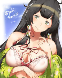 Rule 34 | 10s, 1girl, bare shoulders, black hair, blush, bra, breasts, commentary request, covered erect nipples, green eyes, hair ornament, hair tubes, head tilt, japanese clothes, kantai collection, large breasts, long hair, looking at viewer, mizuho (kancolle), off shoulder, red ribbon, ribbon, sidelocks, smile, solo, twitter username, underwear, upper body, very long hair, yakitomato