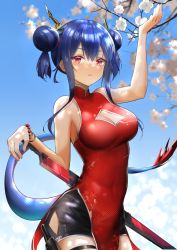 Rule 34 | 1girl, arknights, bare shoulders, black shorts, blue hair, breasts, ch&#039;en (ageless afterglow) (arknights), ch&#039;en (arknights), china dress, chinese clothes, cleavage, cleavage cutout, clothing cutout, covered navel, double bun, dragon horns, dragon tail, dress, hair between eyes, hair bun, hand on hilt, hand up, highres, horns, long hair, looking at viewer, medium breasts, official alternate costume, parted lips, red dress, red eyes, ri qing, shorts, sidelocks, sleeveless, solo, tail