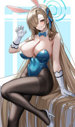 Rule 34 | 1girl, asuna (blue archive), bare shoulders, blue archive, blue eyes, breasts, cleavage, eternity (shadeh), gloves, large breasts, leotard, light brown hair, long hair, playboy bunny, solo, white gloves