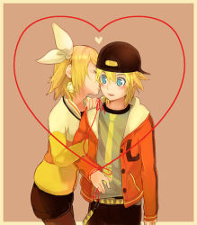 Rule 34 | 1boy, 1girl, baseball cap, blonde hair, blue eyes, brother and sister, casual, earrings, habuki, hair ribbon, hat, hetero, jewelry, juvenile (vocaloid), kagamine len, kagamine rin, kiss, kissing cheek, pantyhose, pantyhose under shorts, ribbon, short hair, shorts, siblings, string, string of fate, surprised, twins, vocaloid