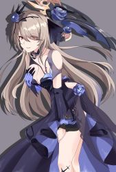 Rule 34 | 1girl, absurdres, alternate eye color, bare shoulders, breasts, brown hair, cleavage, dress, flower, gloves, grin, hair flower, hair ornament, hair over one eye, hand on own chest, hand on own thigh, highres, honkai (series), honkai impact 3rd, long hair, looking at viewer, maxwelzy, mole, mole under eye, open mouth, purple background, purple dress, purple flower, purple gloves, purple rose, red eyes, rita rossweisse, rita rossweisse (fallen rosemary), rose, scythe, simple background, single glove, smile, solo, teeth, thighs, weapon