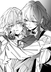 Rule 34 | 1boy, 1girl, caelus (honkai: star rail), choker, closed mouth, collared shirt, dlckrpwjd111, gloves, greyscale, hand on another&#039;s cheek, hand on another&#039;s face, hand on another&#039;s shoulder, hand up, hetero, honkai: star rail, honkai (series), hug, jewelry, kafka (honkai: star rail), long sleeves, looking to the side, low ponytail, monochrome, ring, shirt, smile, trailblazer (honkai: star rail), upper body