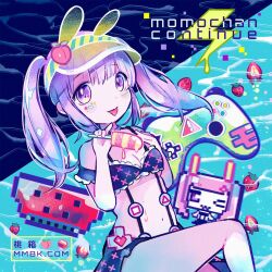 Rule 34 | 1girl, album cover, animal ears, bikini, black bikini, blue background, breasts, chibi, chibi inset, controller, cover, fake animal ears, feet out of frame, food, fruit, game controller, hand up, highres, holding, holding food, holding popsicle, indie utaite, kiato, lightning bolt symbol, long hair, looking at viewer, melting, momobako, navel, official art, peach, pixelated, popsicle, print bikini, purple eyes, purple hair, rabbit ears, second-party source, sign, sitting, small breasts, smile, solo, sticker on face, strawberry, swimsuit, tongue, tongue out, twintails, visor cap, warning sign, watermelon