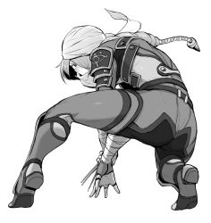 Rule 34 | 1girl, androgynous, ass, bandages, blonde hair, braid, full body, gloves, greyscale, hat, highres, looking at viewer, mask, messatsu tan, monochrome, nintendo, pointy ears, reverse trap, sheik, solo, super smash bros., surcoat, the legend of zelda, the legend of zelda: ocarina of time, weapon, white background