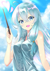 Rule 34 | 1girl, :d, absurdres, ahoge, bare arms, blue eyes, blue sky, breasts, cloud, collared shirt, day, dress shirt, elaina (majo no tabitabi), floating hair, grey shirt, hair between eyes, heart, highres, holding, holding wand, long hair, looking at viewer, majo no tabitabi, open mouth, outdoors, paradox (hatto air), shirt, sky, sleeveless, sleeveless shirt, small breasts, smile, solo, sunlight, upper body, wand, white hair, wing collar