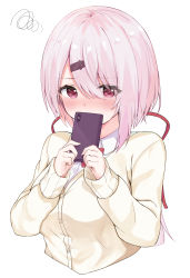 Rule 34 | absurdres, blush, bow, bowtie, cardigan, cellphone, collared shirt, commentary request, covering own mouth, cropped torso, embarrassed, hair between eyes, hair ornament, hair ribbon, hairclip, highres, holding, holding phone, long hair, long sleeves, looking at viewer, low ponytail, nijisanji, nose blush, phone, pink eyes, pink hair, racchi., red bow, red bowtie, red ribbon, ribbon, school uniform, shiina yuika, shiina yuika (1st costume), shirt, simple background, smartphone, solo, squiggle, upper body, virtual youtuber, white background, white shirt, wing collar