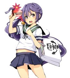 Rule 34 | 10s, 1girl, akebono (kancolle), bag, bell, blue skirt, blush, box, flower, gift, hair bell, hair flower, hair ornament, heart-shaped box, highres, jingle bell, kantai collection, looking at viewer, momo (higanbana and girl), neckerchief, open mouth, panties, pantyshot, pleated skirt, purple eyes, purple hair, sailor collar, school uniform, serafuku, shopping bag, side ponytail, simple background, skirt, solo, standing, underwear, white background, white panties