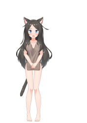 Rule 34 | 1girl, absurdres, aina (mao lian), animal ears, barefoot, black hair, blue eyes, brown shirt, cat ears, cat tail, feet, full body, highres, long hair, mao lian (nekokao), no pants, open mouth, original, own hands together, shirt, simple background, solo, tail, thigh gap, toes, white background