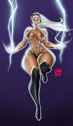Rule 34 | 1girl, absurdres, artist request, bare shoulders, black leotard, boots, breasts, dark-skinned female, dark skin, electricity, floating, glowing, glowing eyes, headpiece, high heel boots, high heels, highleg, highleg swimsuit, highres, large breasts, leotard, lips, long hair, looking at viewer, marvel, navel, no pupils, outstretched arms, revealing clothes, shiny skin, slingshot swimsuit, solo, spread arms, storm (x-men), swimsuit, thigh boots, thighhighs, x-men