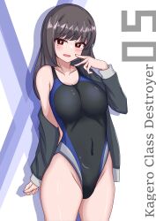 Rule 34 | 1girl, absurdres, black hair, black jacket, black one-piece swimsuit, blue one-piece swimsuit, breasts, brown eyes, competition swimsuit, covered navel, cowboy shot, hayashio (kancolle), highleg, highleg swimsuit, highres, jacket, kantai collection, long hair, long sleeves, looking at viewer, medium breasts, mole, mole under eye, multicolored clothes, multicolored swimsuit, one-piece swimsuit, open clothes, open jacket, ribbon, smile, solo, swimsuit, swimsuit under clothes, tokiwa senkei