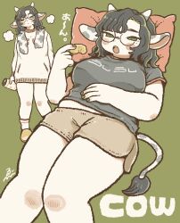 Rule 34 | 1girl, :&lt;, puff of air, absurdres, animal ears, closed mouth, commission, cow tail, dolphin shorts, dot nose, ebiebi, english text, food, glasses, green background, green nails, head tilt, highres, holding, holding food, horns, multiple views, open mouth, original, pillow, short sleeves, shorts, simple background, skeb commission, tail, thick arms, translation request, tsurime