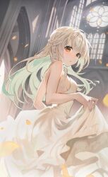 Rule 34 | 1girl, asahi yuuji, backless dress, backless outfit, bare arms, bare shoulders, blush, breasts, church, colored inner hair, commentary, cowboy shot, day, dress, eyelashes, from below, from side, green hair, grey hair, hair over shoulder, half updo, highres, indoors, light particles, long hair, looking to the side, medium breasts, motion blur, multicolored hair, orange eyes, original, parted lips, petals, sideboob, skirt hold, solo, strapless, strapless dress, symbol-only commentary, two-tone hair, white dress, window